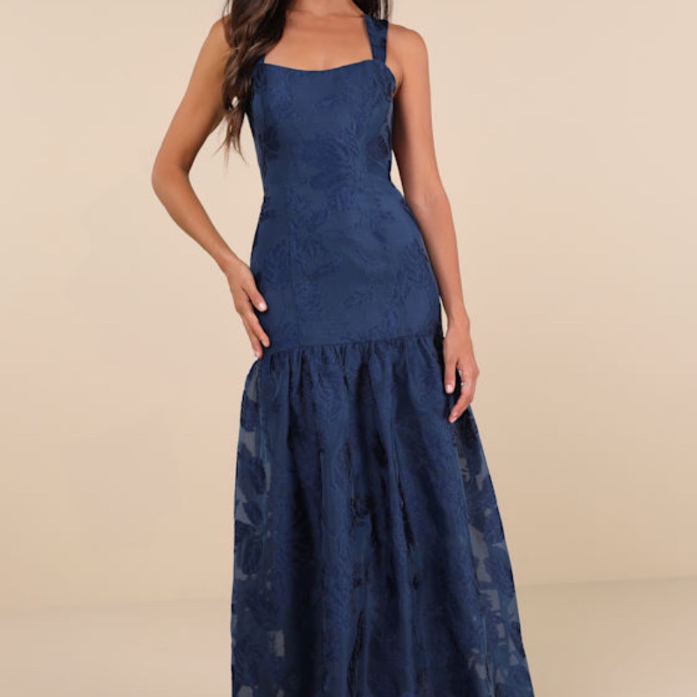 Lulus Opulent Aura Navy Floral Jacquard Tie-back Drop Waist Maxi Dress Blue